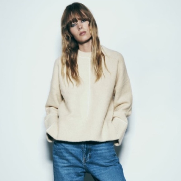 ZARA heavy soft IVORY knit SWEATER PIPING boxy slouchy wool acrylic crew neck Lg - Picture 2 of 15